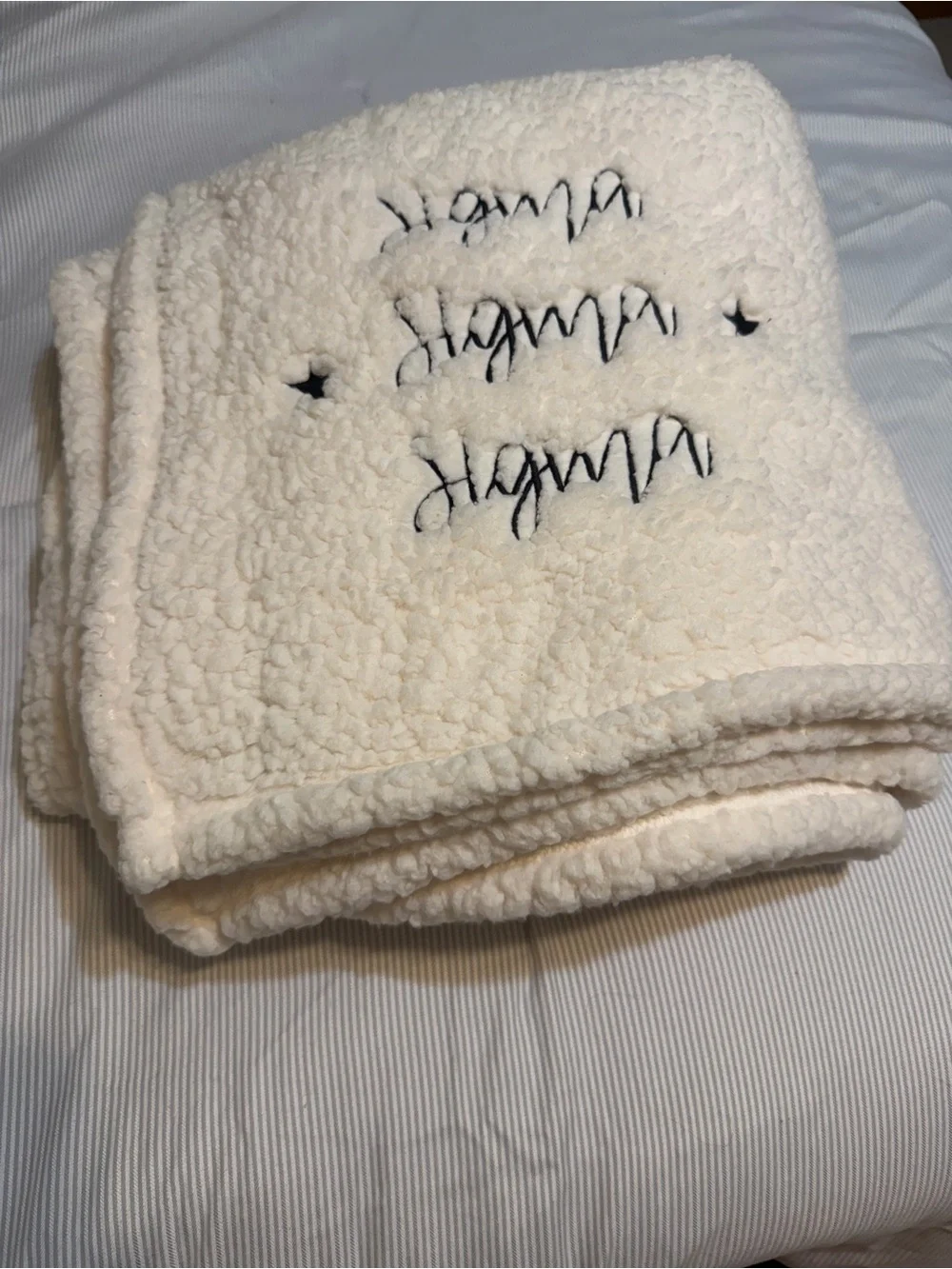 New Sigma Sigma Sigma Embroidered Cream Sherpa Throw with Black Script and Stars